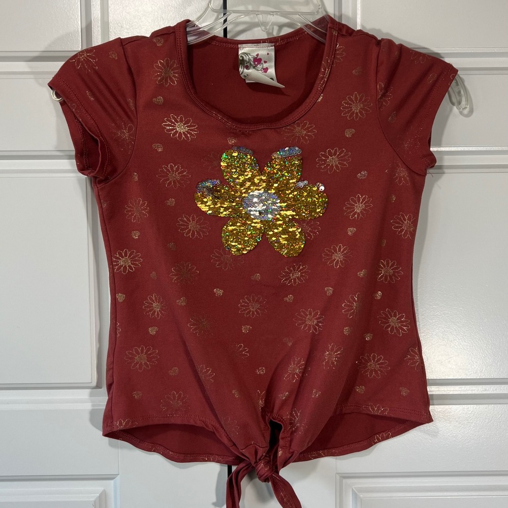 Jenna & Jessie Girls Top Youth 10 Rust Tie Front Gold Silver‎ Sequin Flower Tee